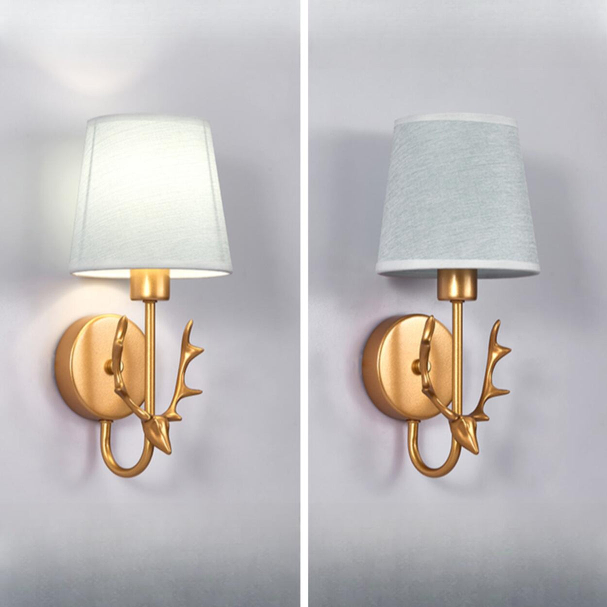 Rustic Green Fabric Shade Antler Cylinder Wall Light Image - 14