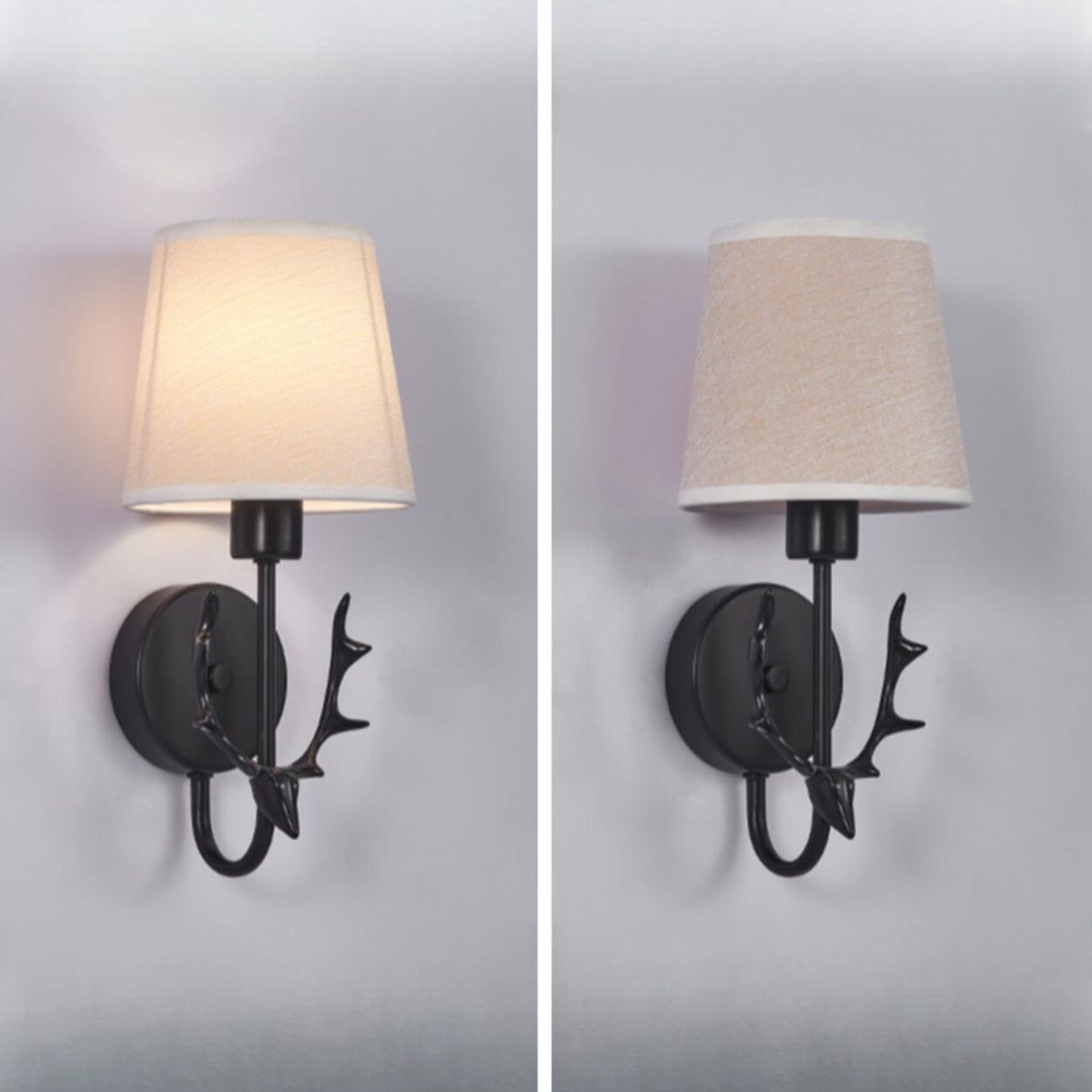 Rustic Green Fabric Shade Antler Cylinder Wall Light Image - 15