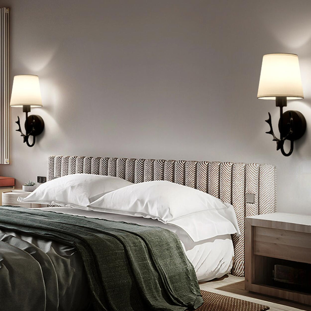 Rustic Green Fabric Shade Antler Cylinder Wall Light Image - 6