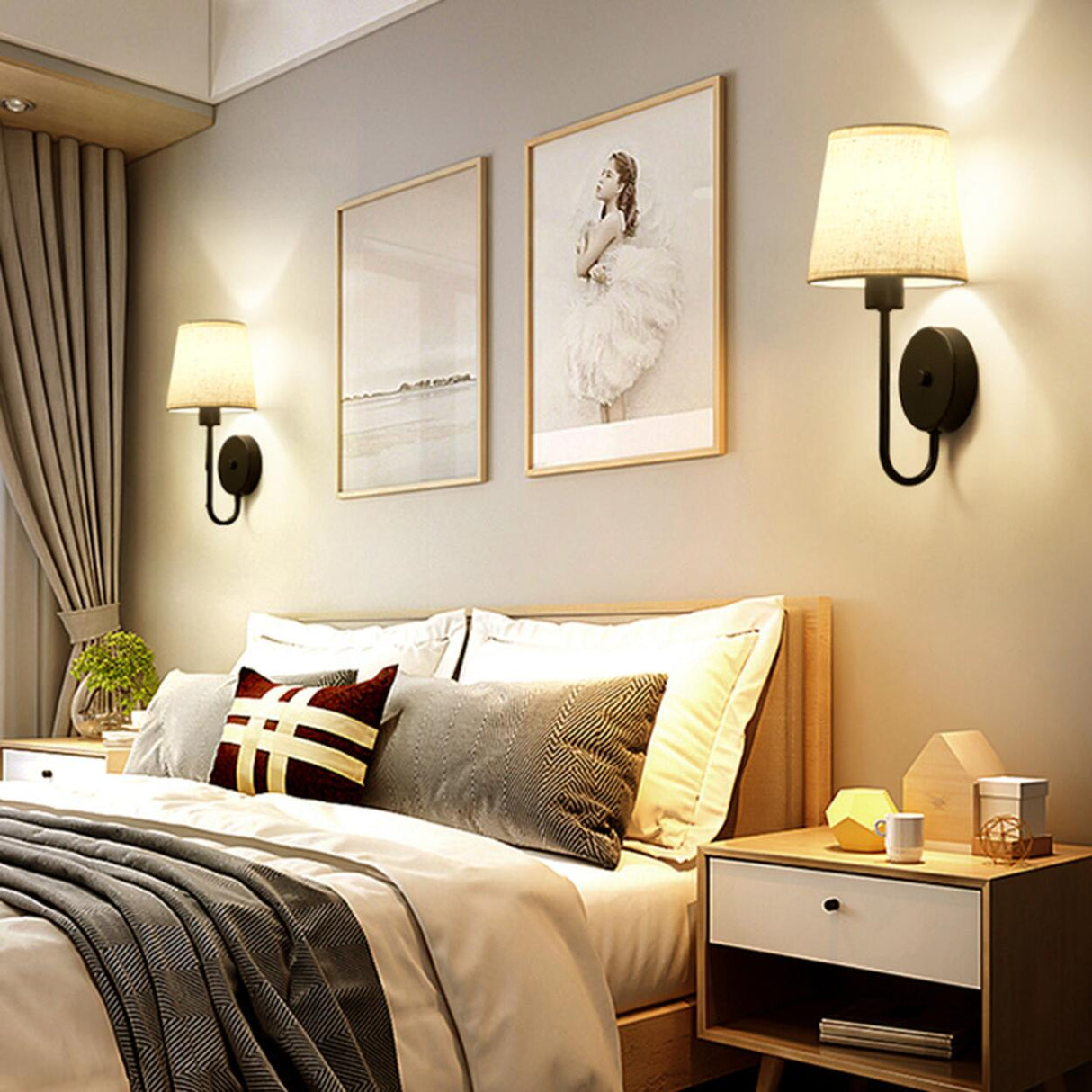 Rustic Green Fabric Shade Antler Cylinder Wall Light Image - 7