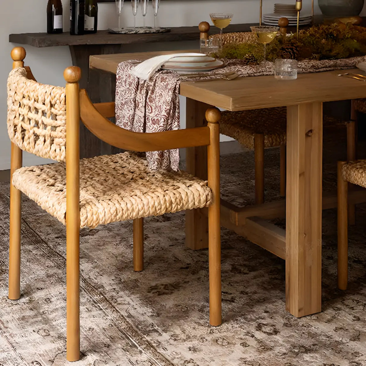 Rustic Handwoven Braided Rope Wood Open Back Dining Chair Image - 1