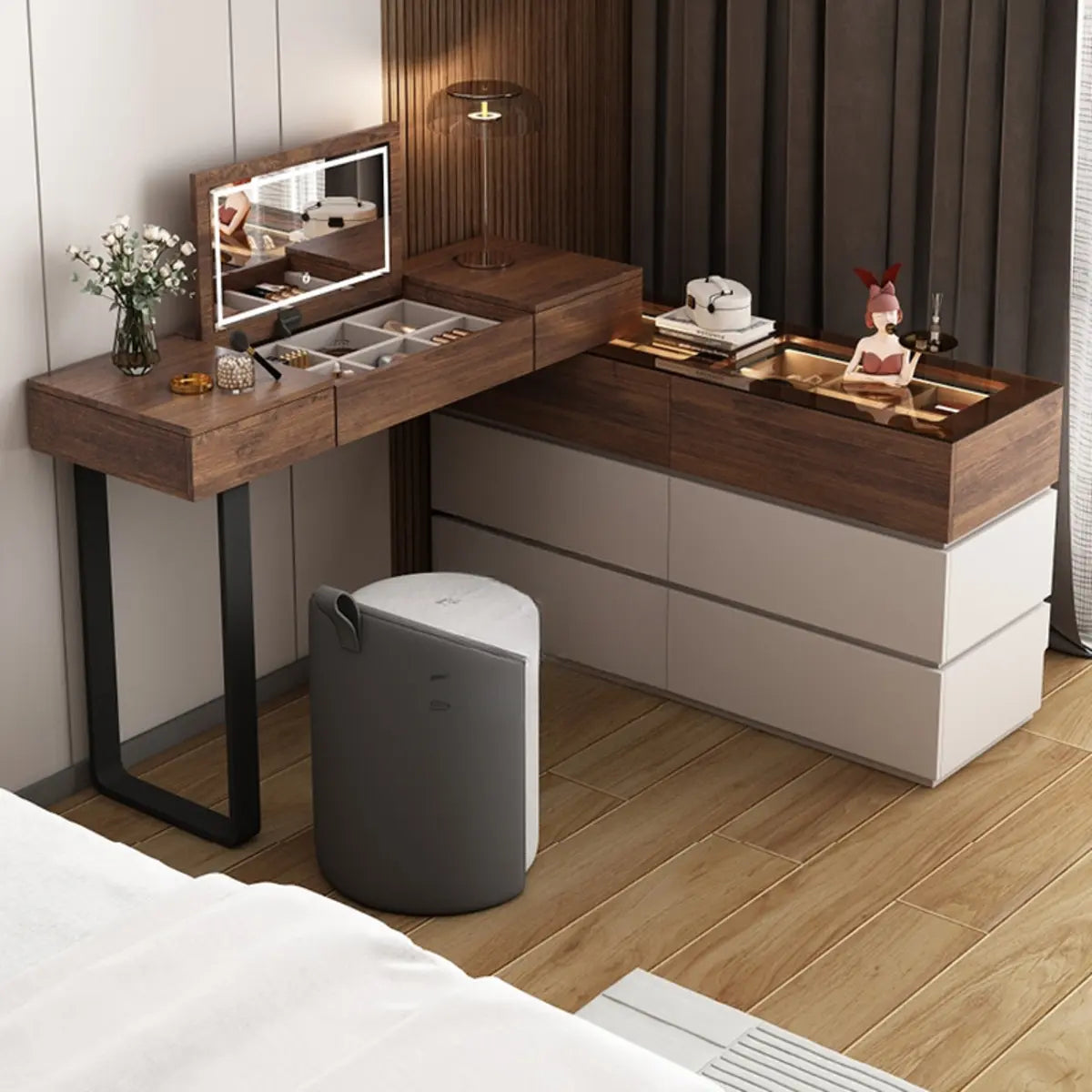 Rustic L-Shaped Wood Storage Set Gray-Brown Makeup Vanity Image - 1