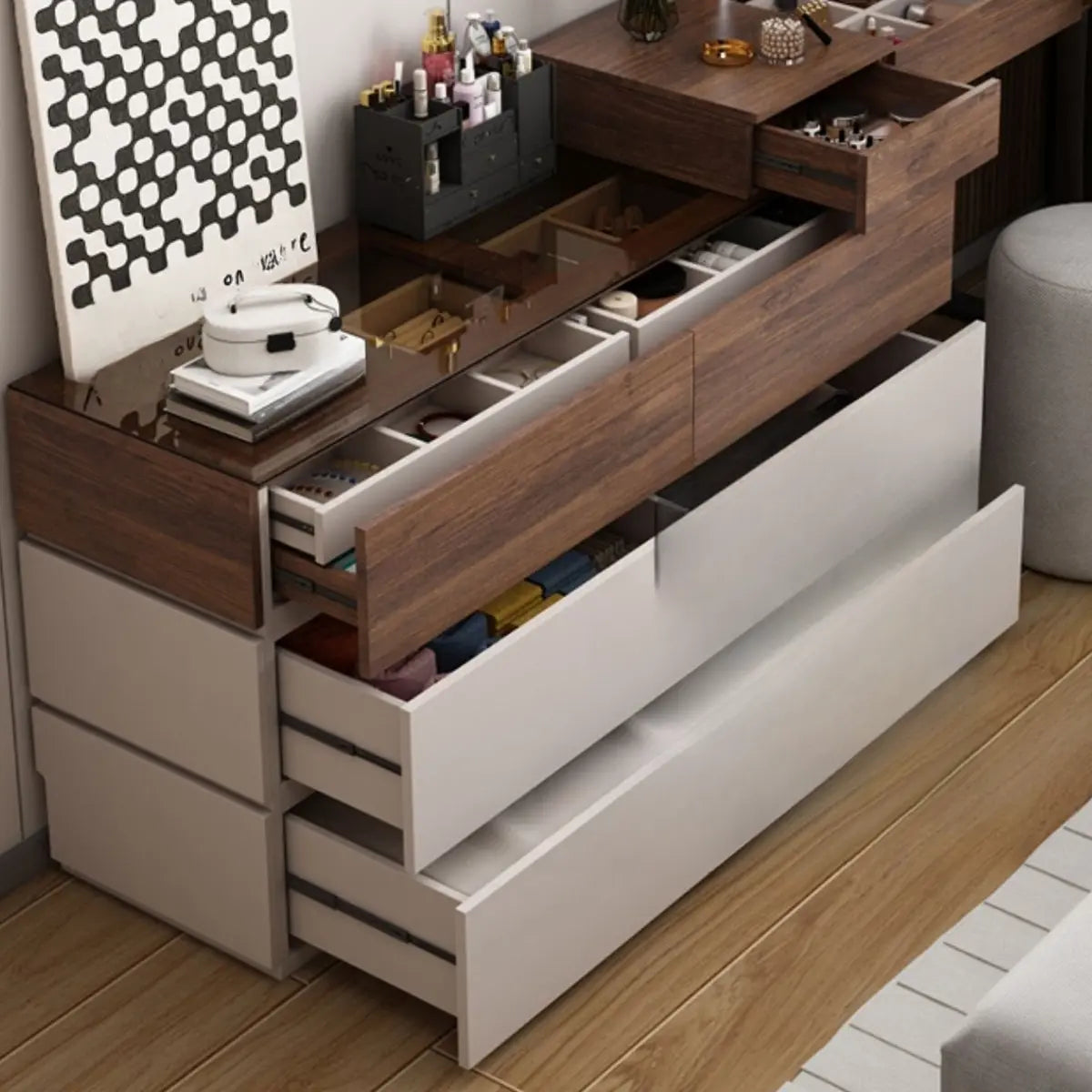 Rustic L-Shaped Wood Storage Set Gray-Brown Makeup Vanity Image - 10