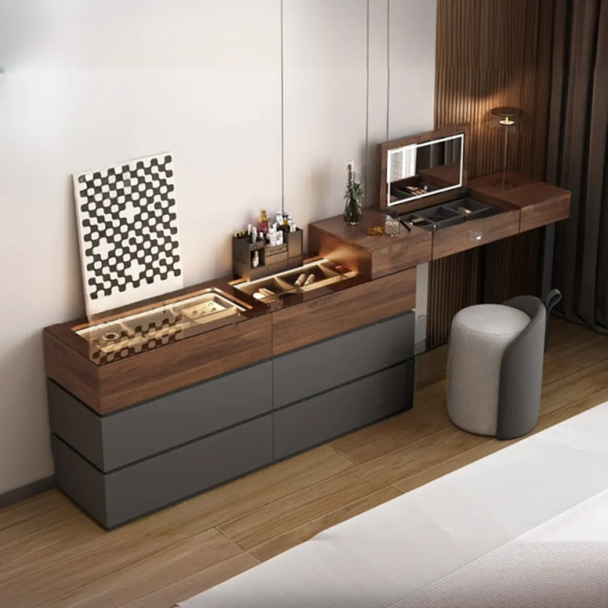 Rustic L-Shaped Wood Storage Set Gray-Brown Makeup Vanity Image - 11