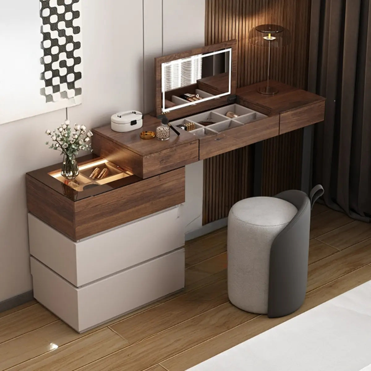 Rustic L-Shaped Wood Storage Set Gray-Brown Makeup Vanity Image - 2