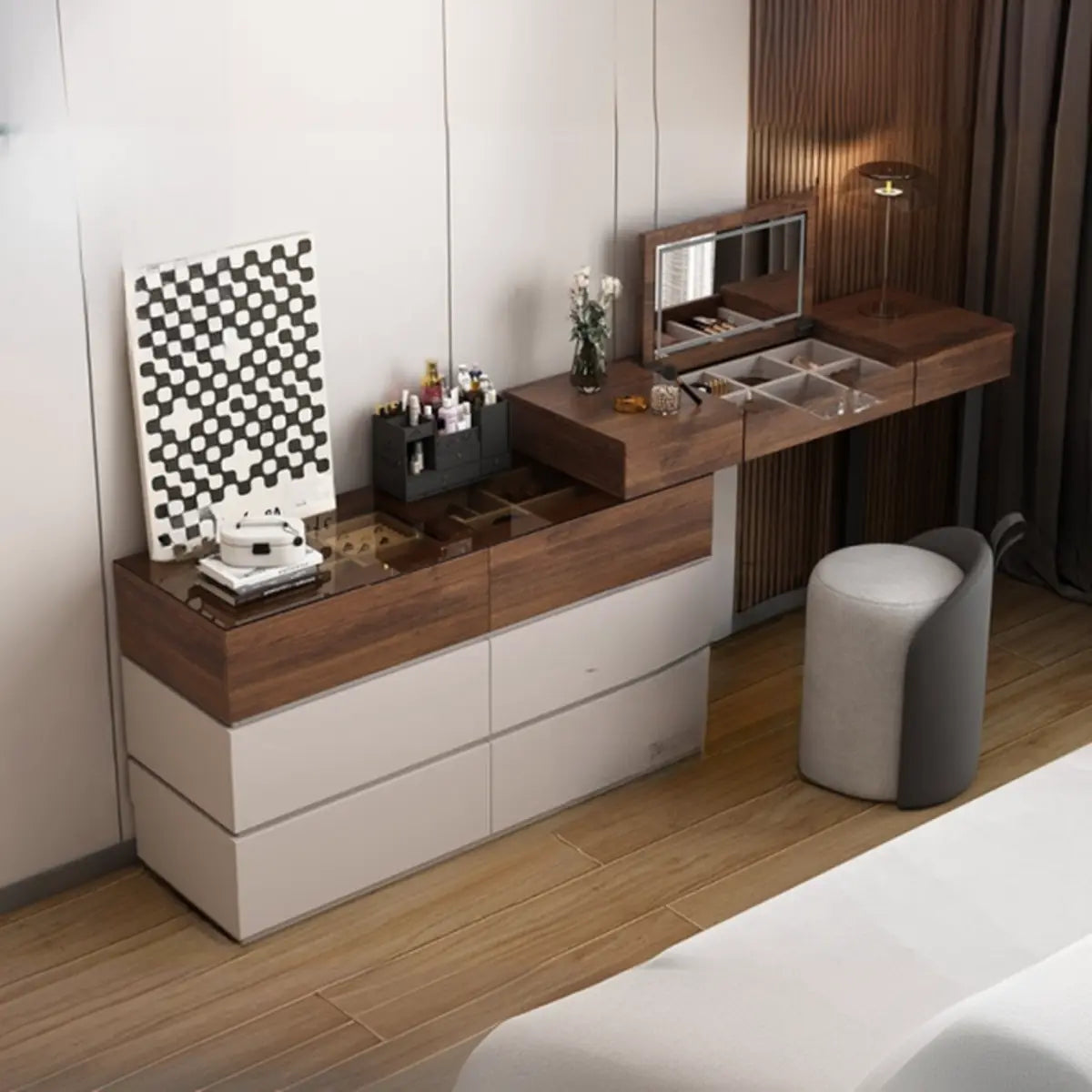 Rustic L-Shaped Wood Storage Set Gray-Brown Makeup Vanity Image - 3