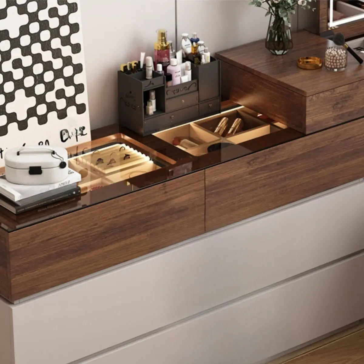 Rustic L-Shaped Wood Storage Set Gray-Brown Makeup Vanity Image - 4