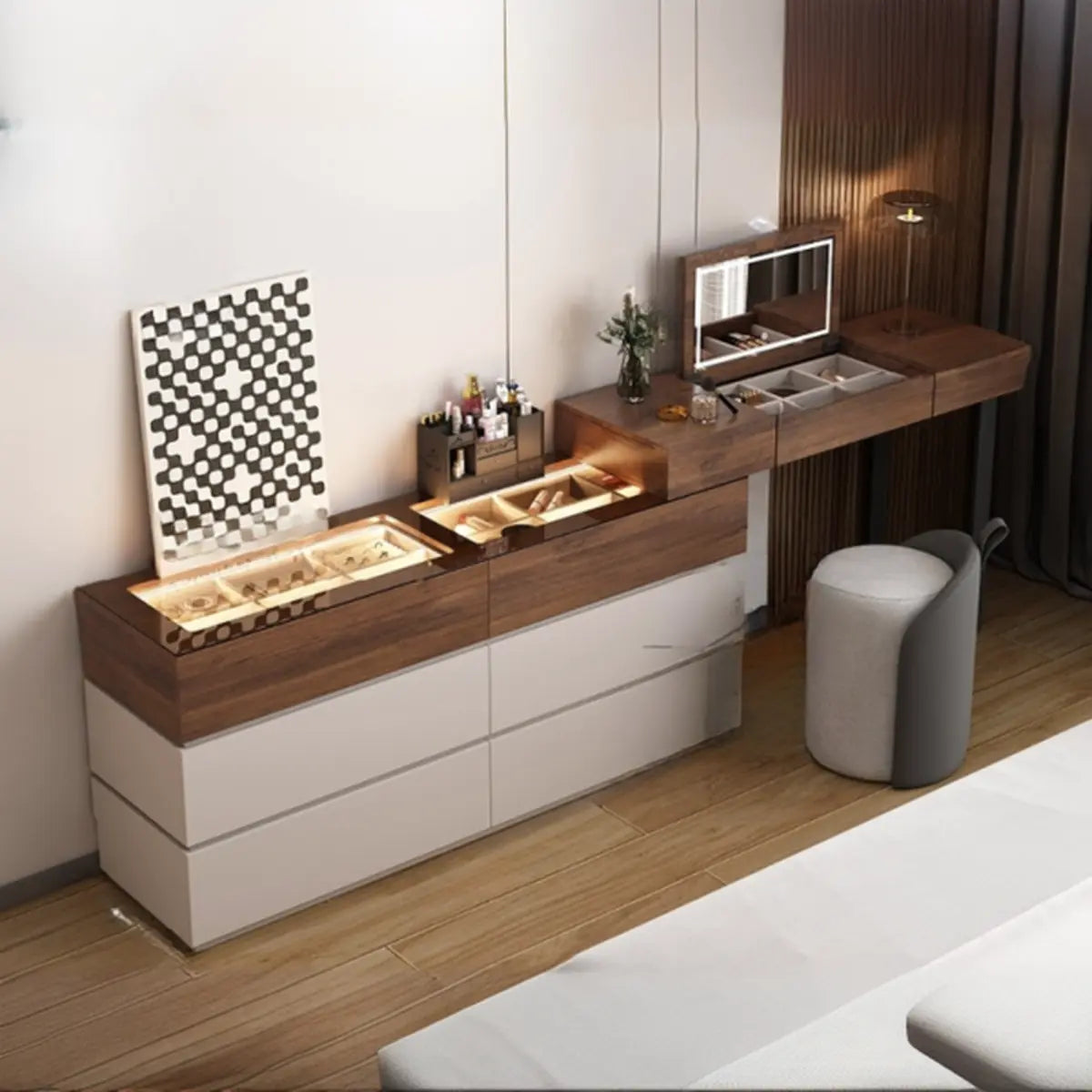 Rustic L-Shaped Wood Storage Set Gray-Brown Makeup Vanity Image - 5