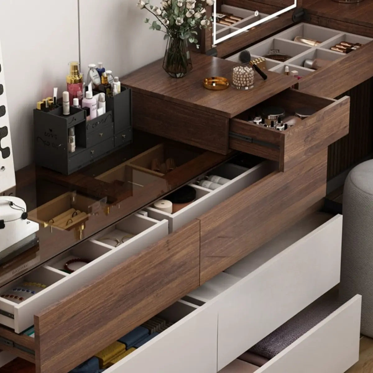 Rustic L-Shaped Wood Storage Set Gray-Brown Makeup Vanity Image - 6