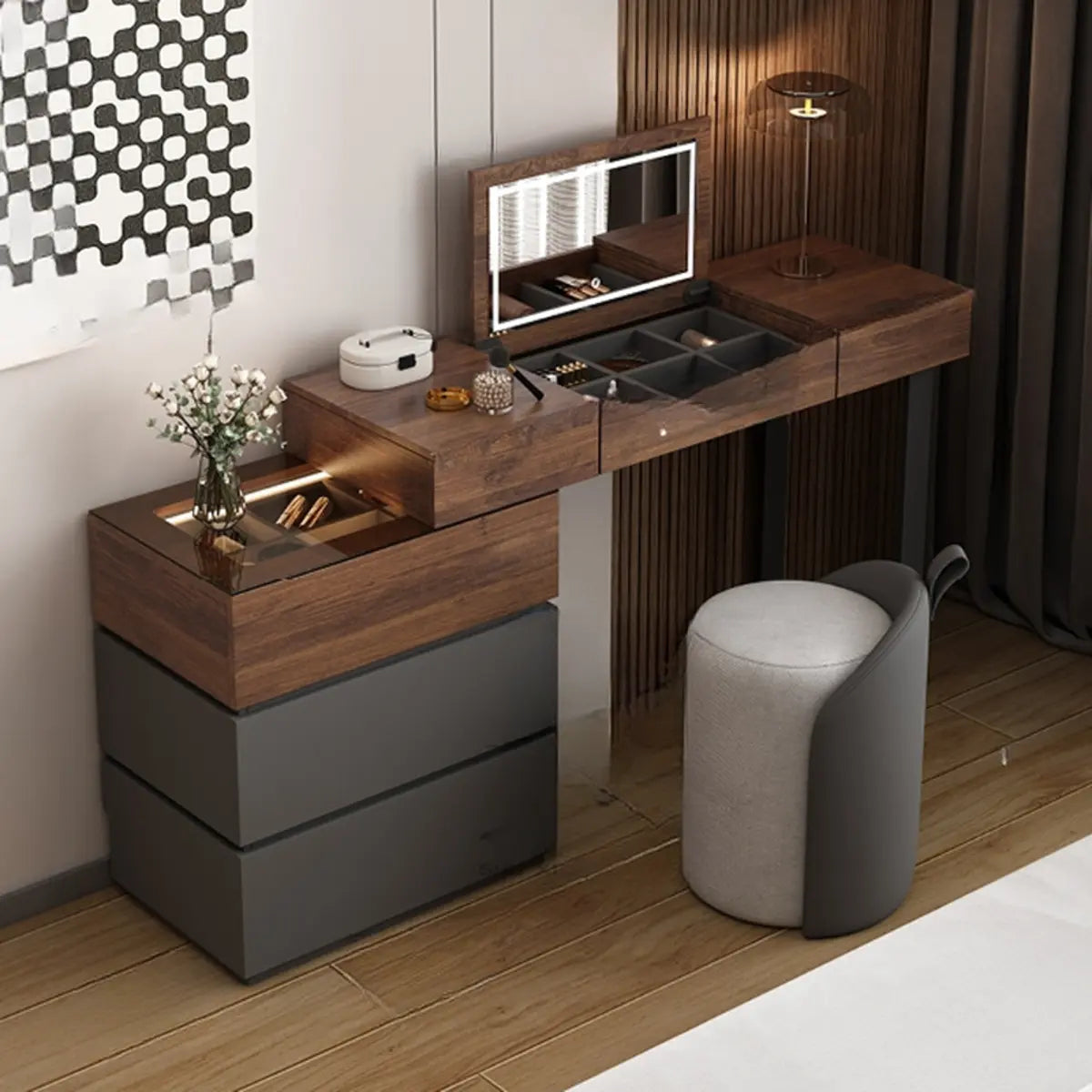 Rustic L-Shaped Wood Storage Set Gray-Brown Makeup Vanity Image - 7