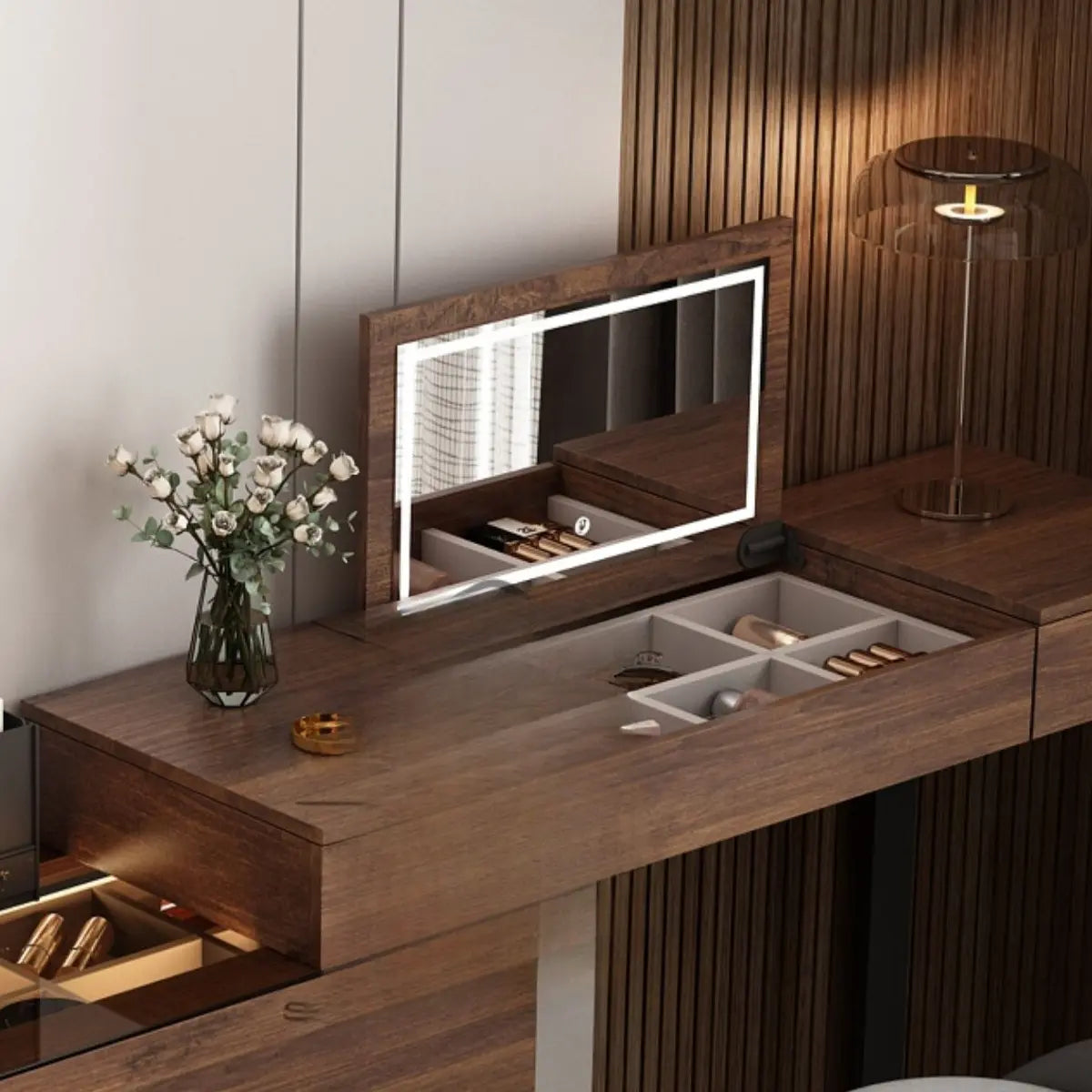 Rustic L-Shaped Wood Storage Set Gray-Brown Makeup Vanity Image - 8