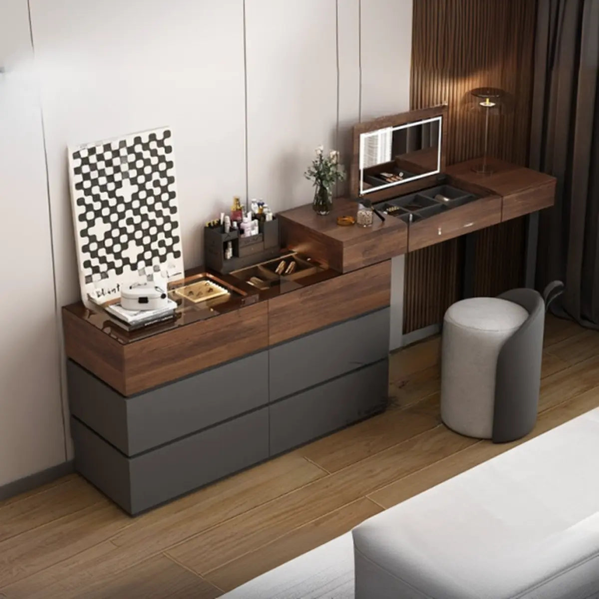 Rustic L-Shaped Wood Storage Set Gray-Brown Makeup Vanity Image - 9