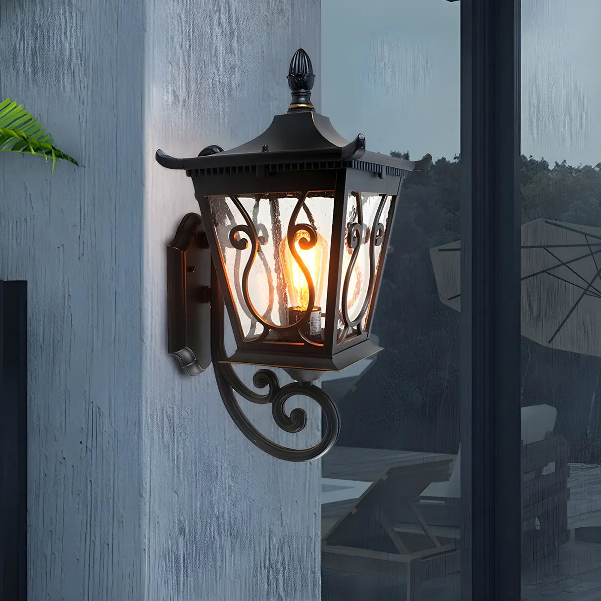 Rustic Lantern Black Metal External LED Wall Sconce Image - 6