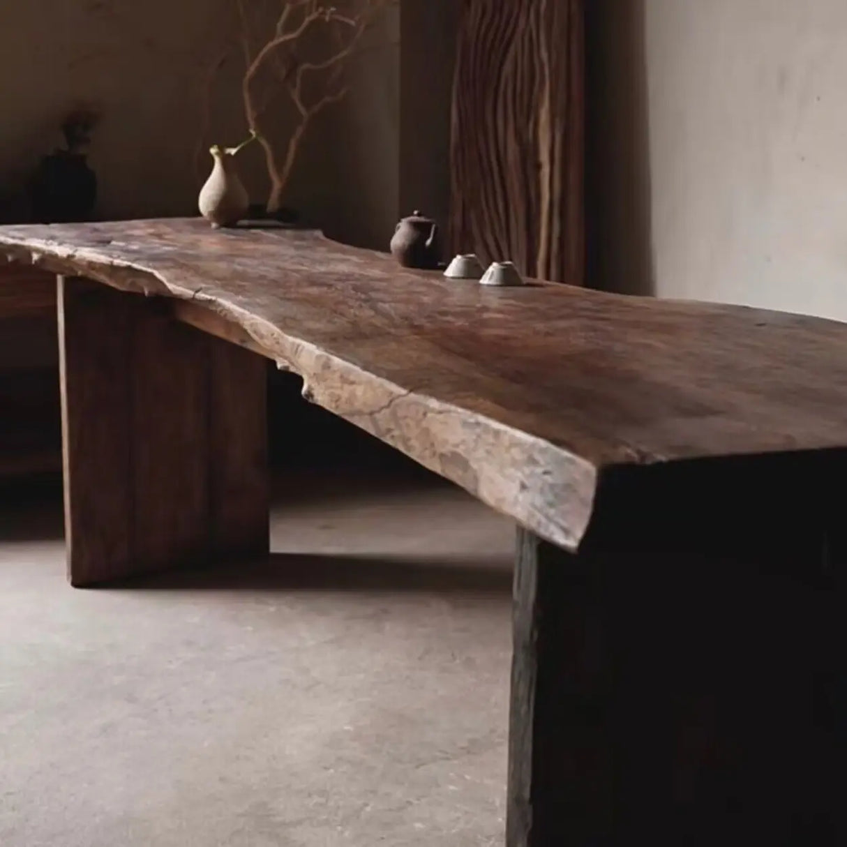 Rustic Live Edge Wood Double Pedestal Console Table Image - 2