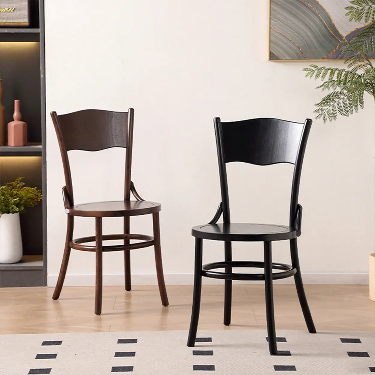 Rustic Mid-Century Wooden Back Curved Dining Chair with Cushion Image - 1