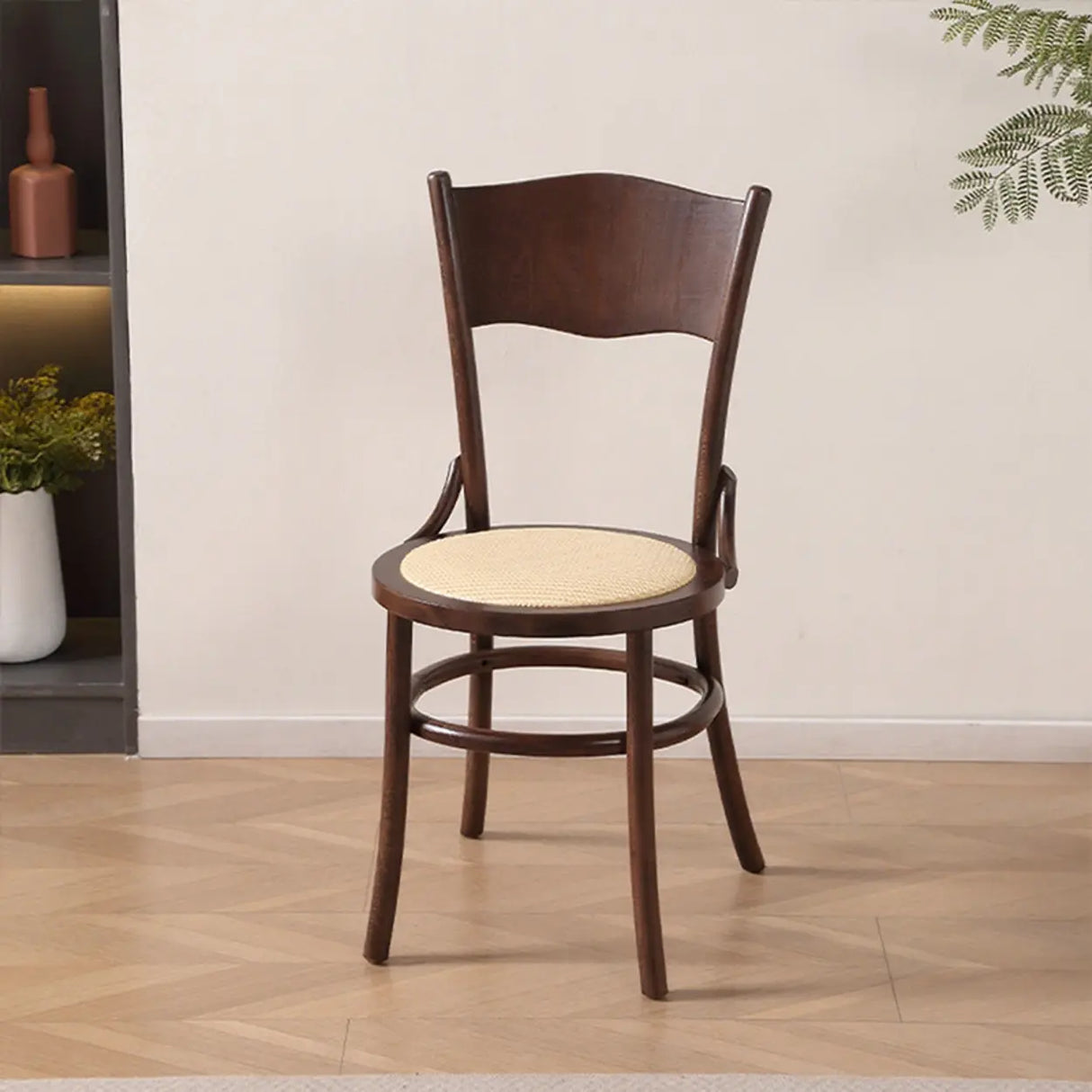 Rustic Mid-Century Wooden Back Curved Dining Chair with Cushion Image - 11