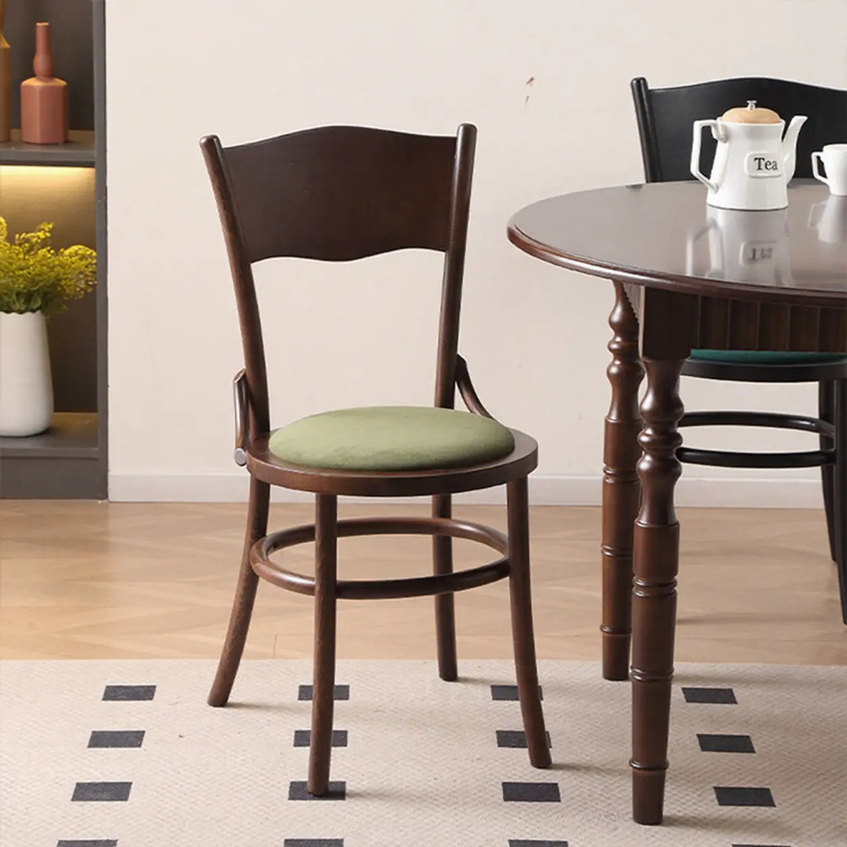 Rustic Mid-Century Wooden Back Curved Dining Chair with Cushion Image - 2