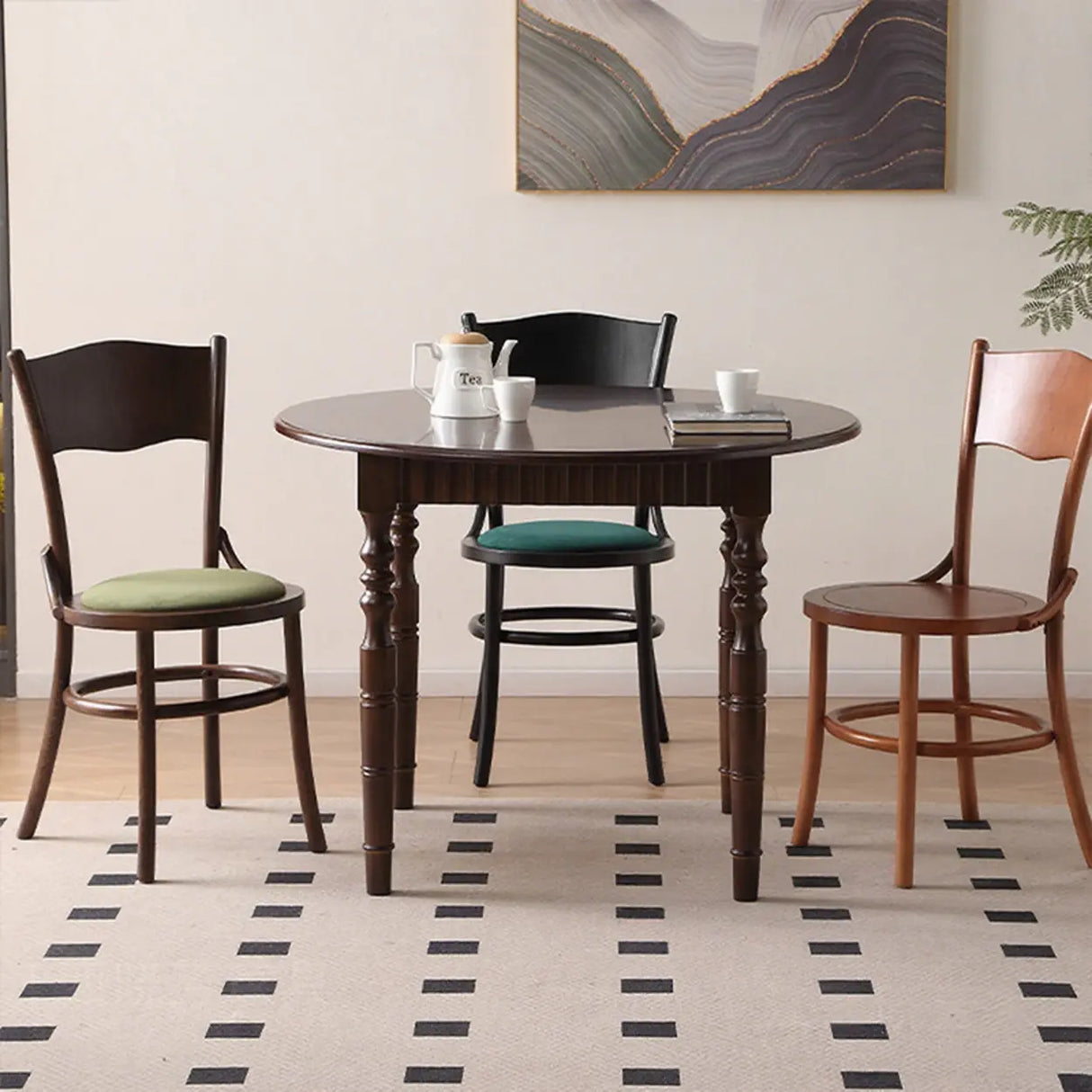 Rustic Mid-Century Wooden Back Curved Dining Chair with Cushion Image - 3