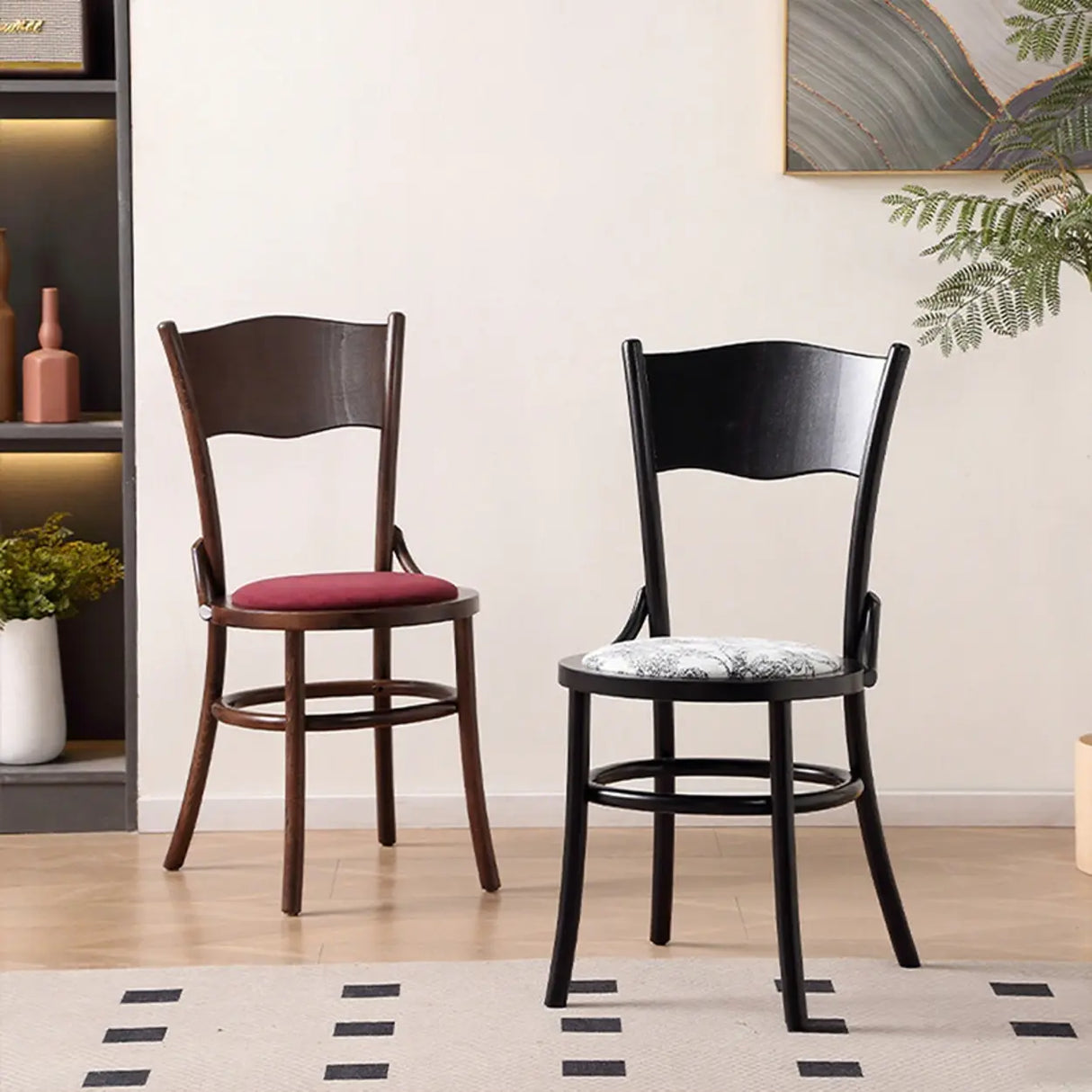 Rustic Mid-Century Wooden Back Curved Dining Chair with Cushion Image - 4