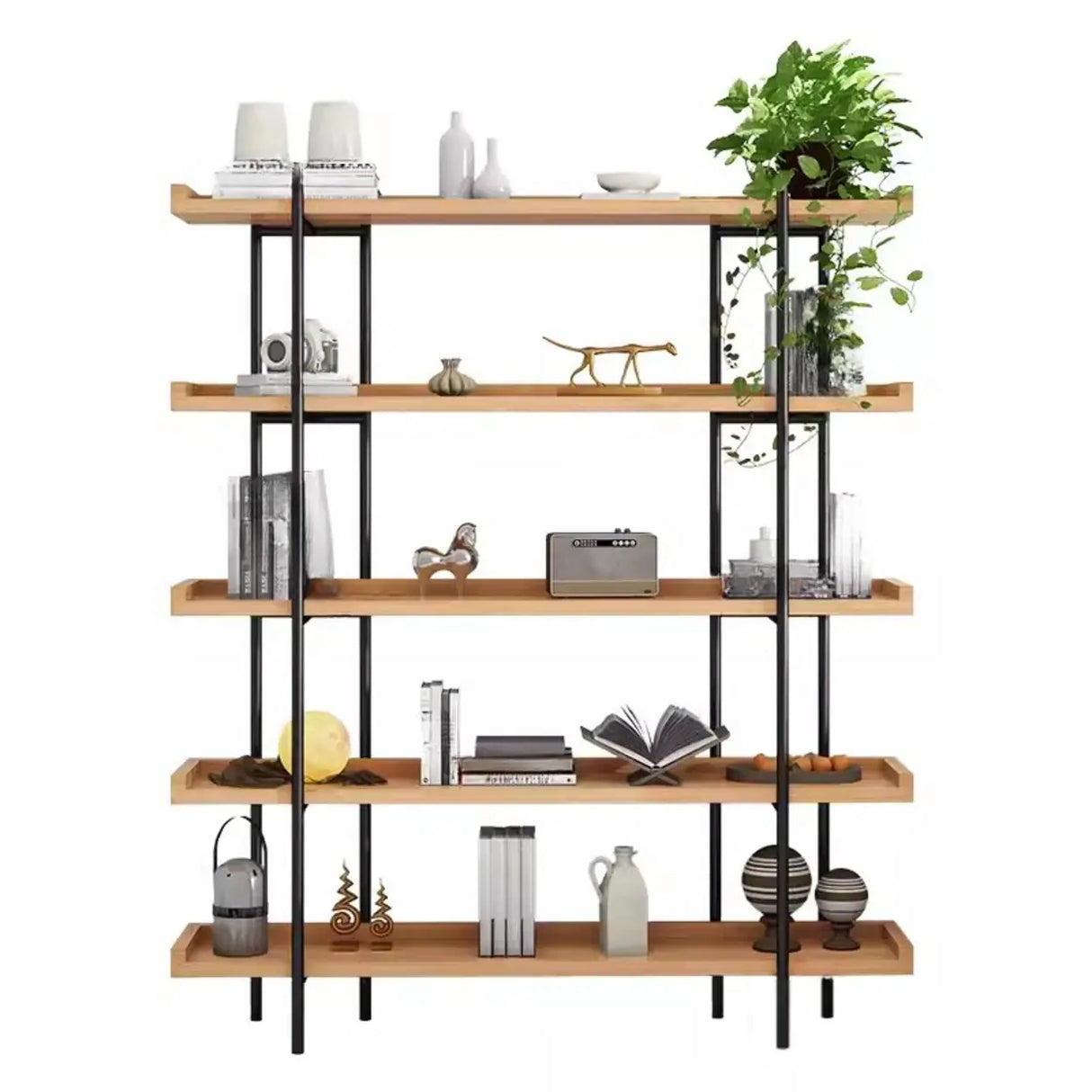 Rustic Multi-tier Metal Frame Natural Wood Bookcase Image - 11