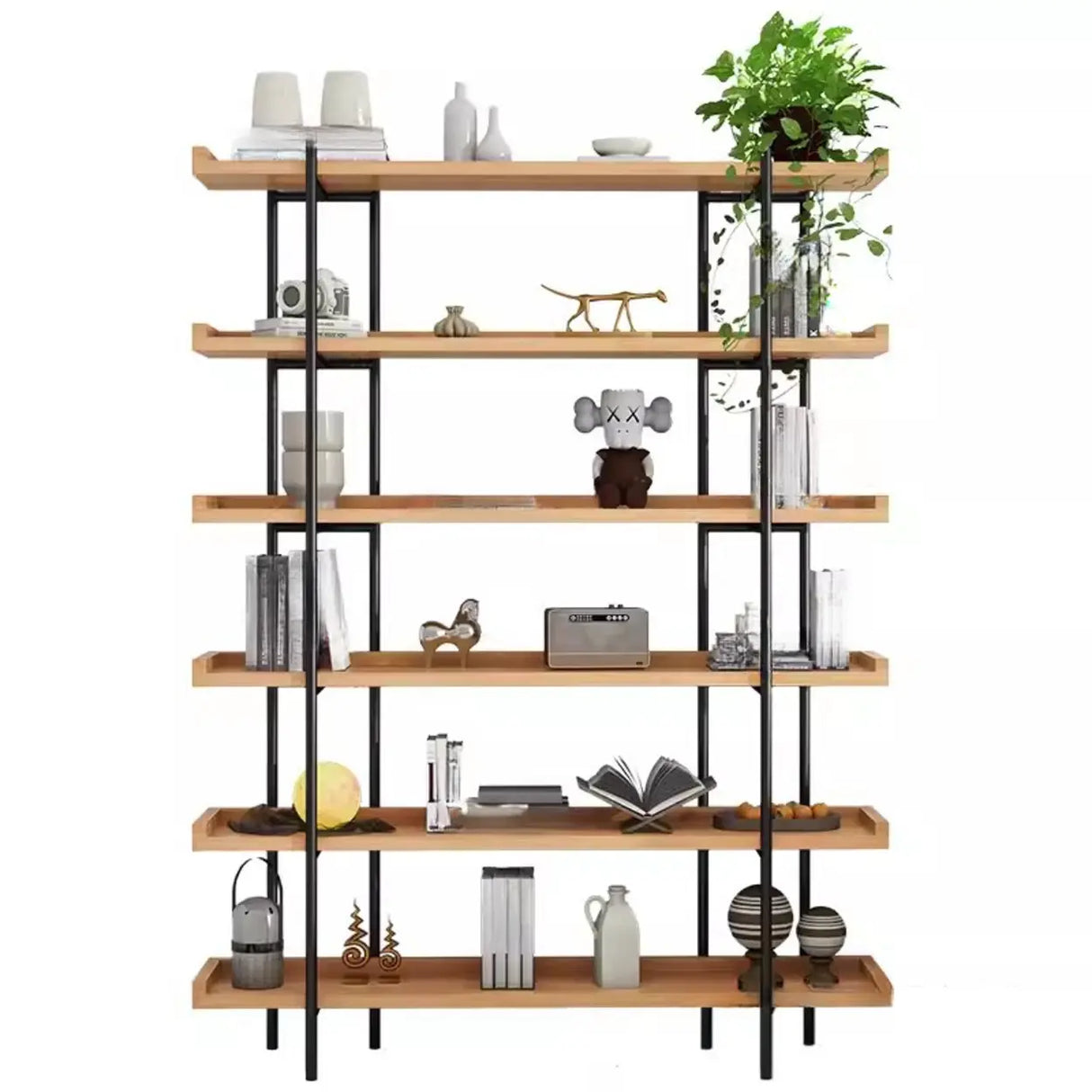 Rustic Multi-tier Metal Frame Natural Wood Bookcase Image - 12