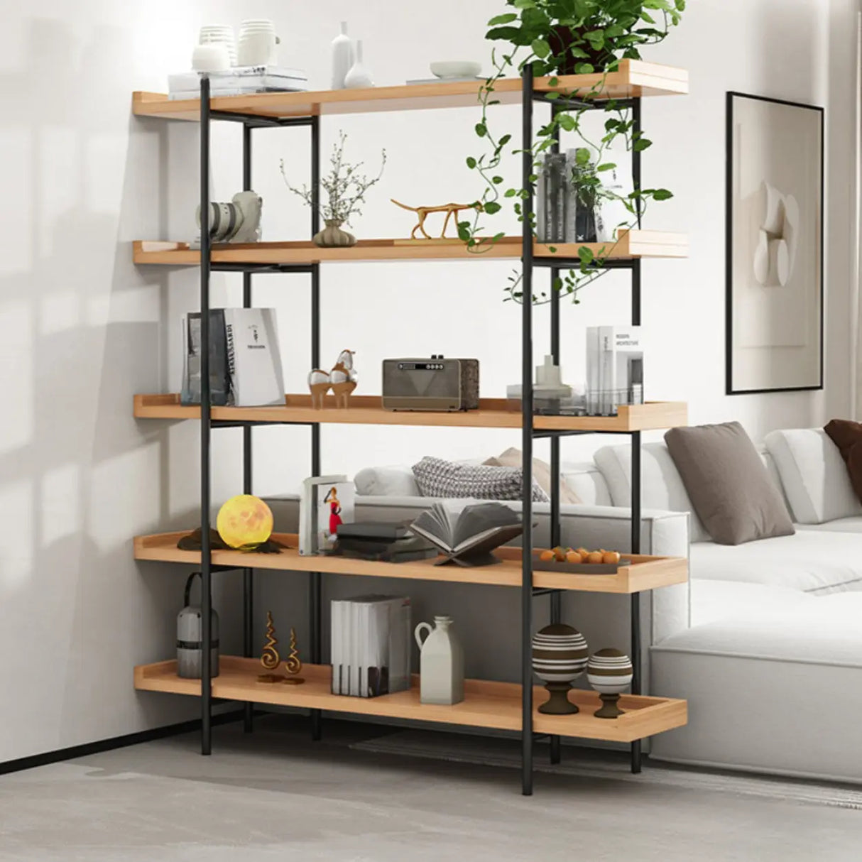 Rustic Multi-tier Metal Frame Natural Wood Bookcase Image - 1