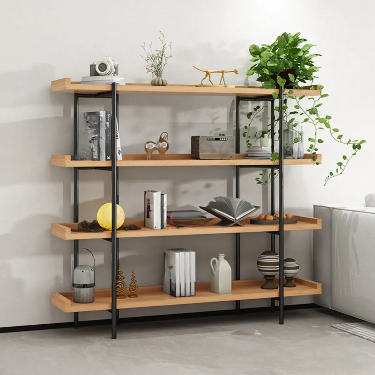 Rustic Multi-tier Metal Frame Natural Wood Bookcase Image - 2