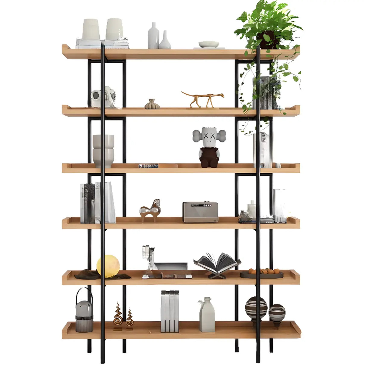 Rustic Multi-tier Metal Frame Natural Wood Bookcase Image - 5
