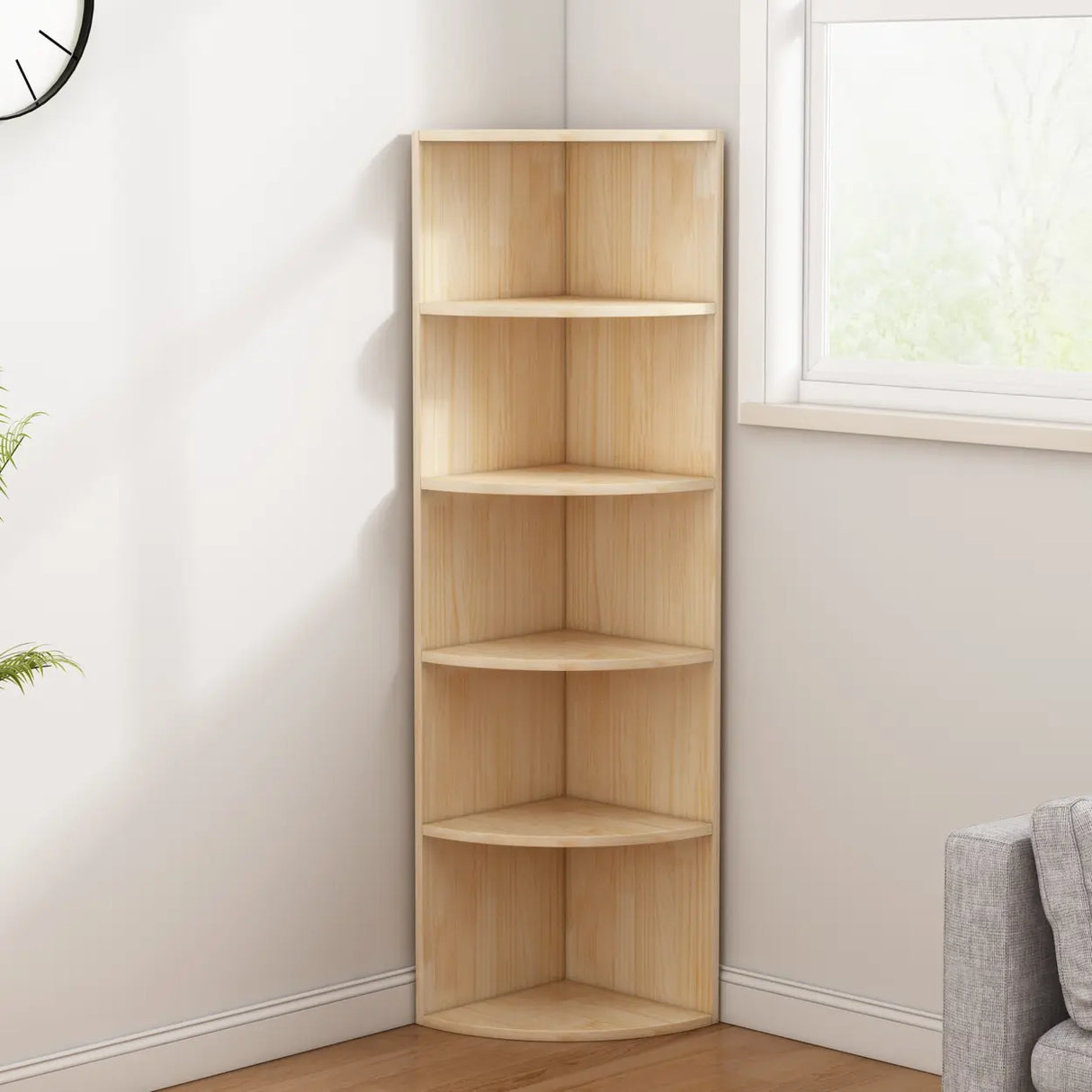 Rustic Natural Finish Triangle Vertical Corner Bookcase Image - 1