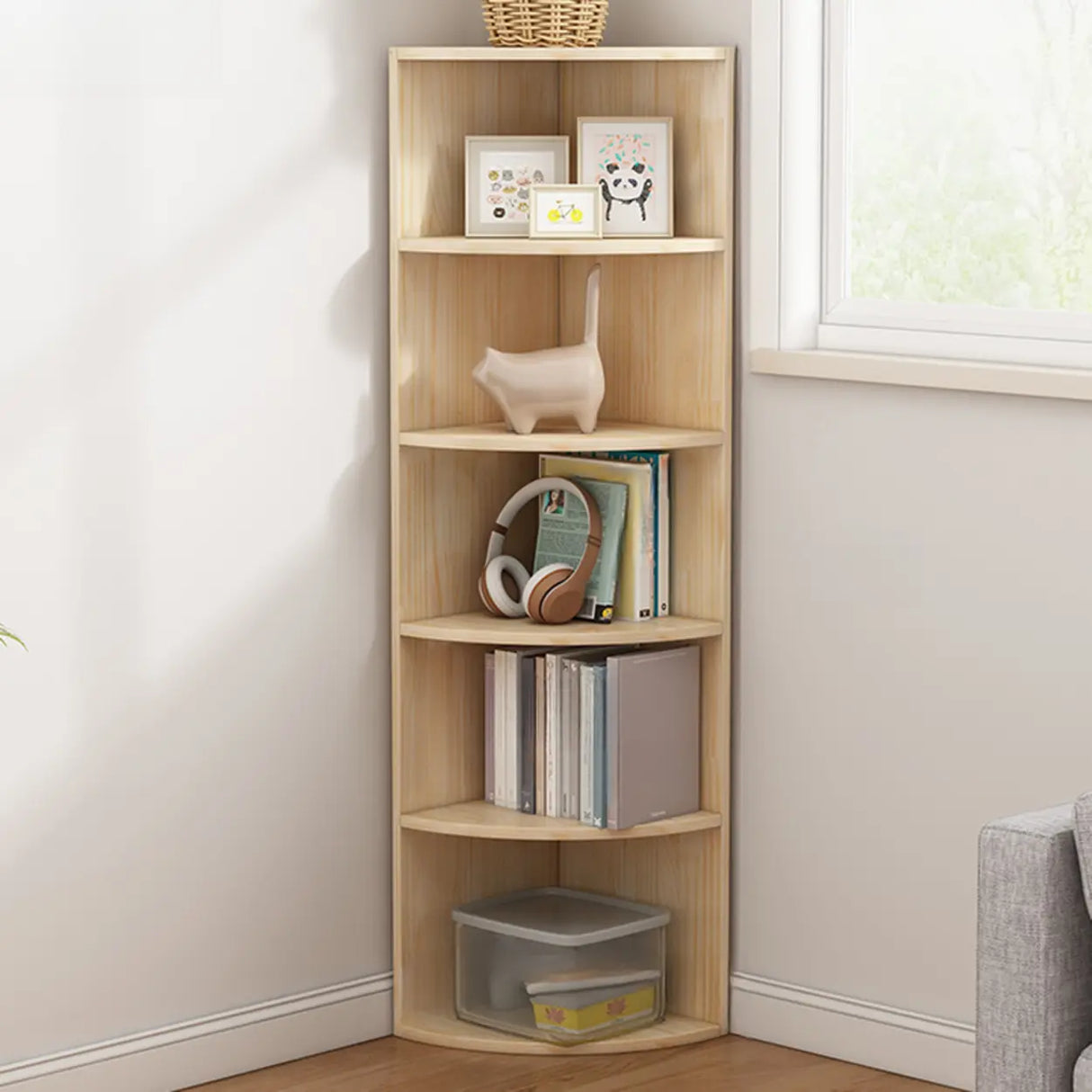 Rustic Natural Finish Triangle Vertical Corner Bookcase Image - 2