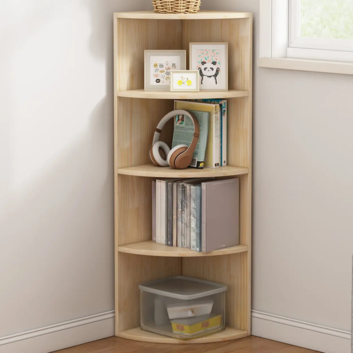 Rustic Natural Finish Triangle Vertical Corner Bookcase Image - 3