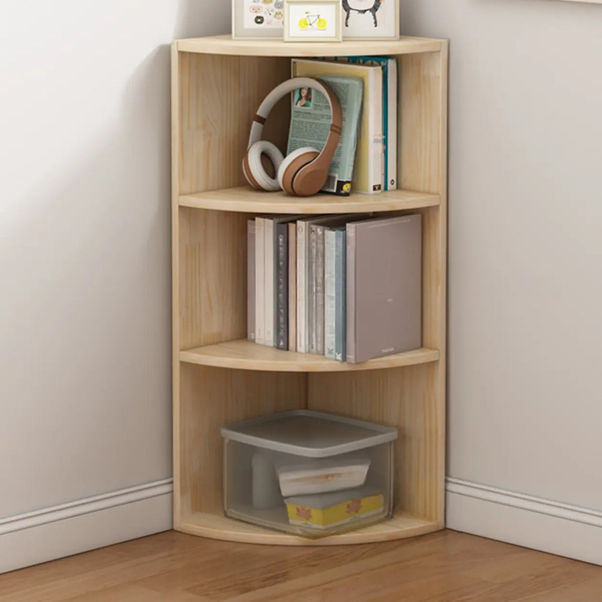 Rustic Natural Finish Triangle Vertical Corner Bookcase Image - 5