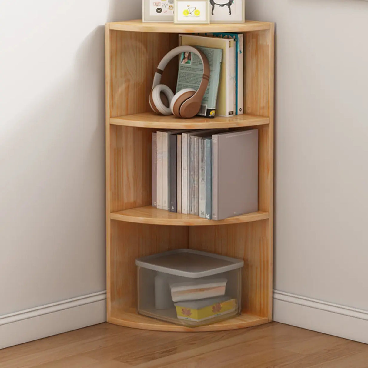 Rustic Natural Finish Triangle Vertical Corner Bookcase Image - 7