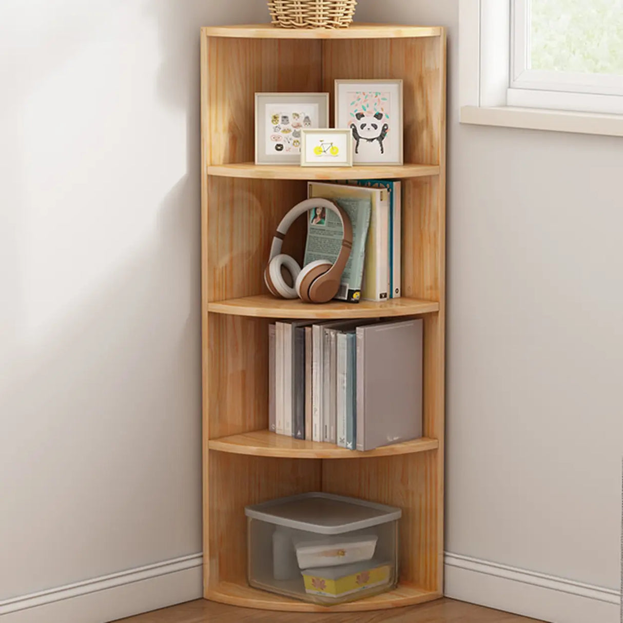 Rustic Natural Finish Triangle Vertical Corner Bookcase Image - 9