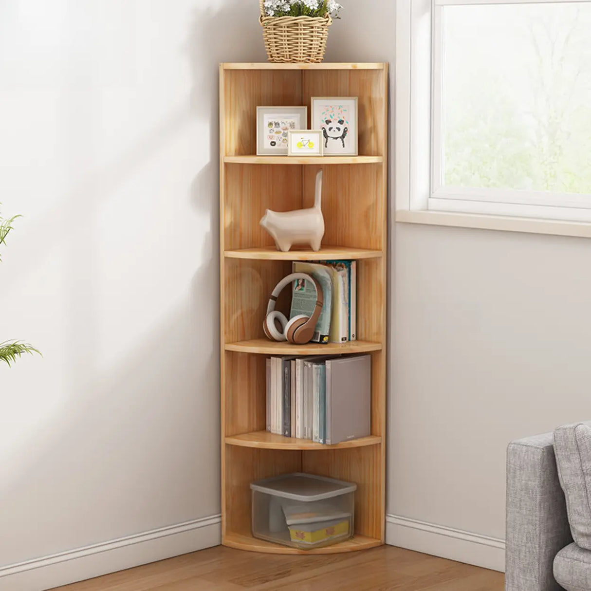 Rustic Natural Finish Triangle Vertical Corner Bookcase Image - 10