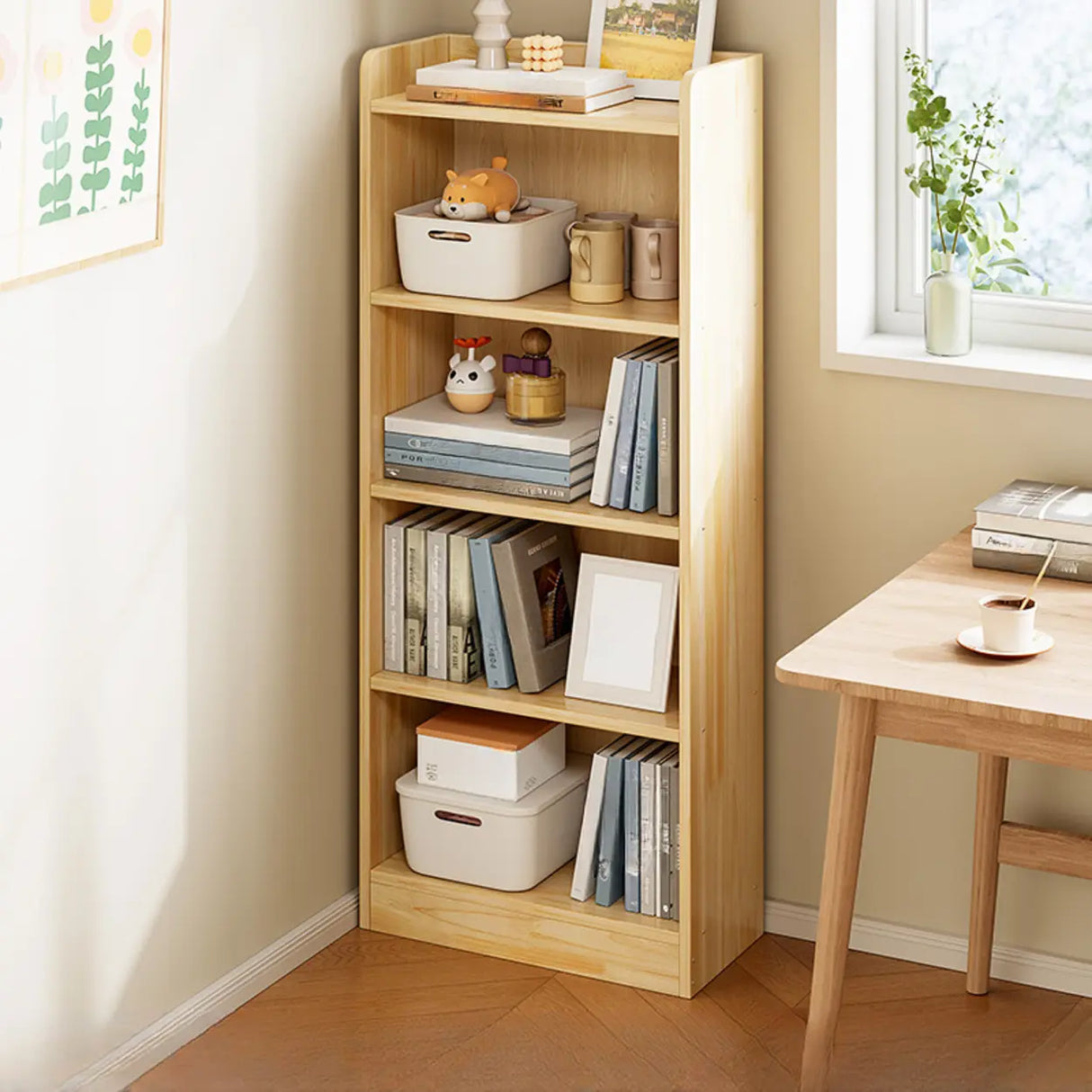 Rustic Natural Finish Vertical Wooden Storage Bookcase Image - 11