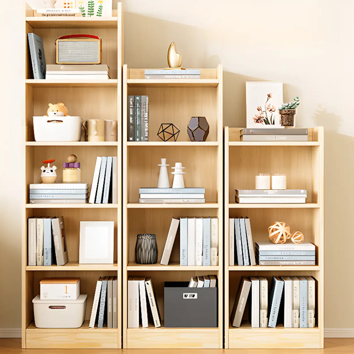 Rustic Natural Finish Vertical Wooden Storage Bookcase Image - 1