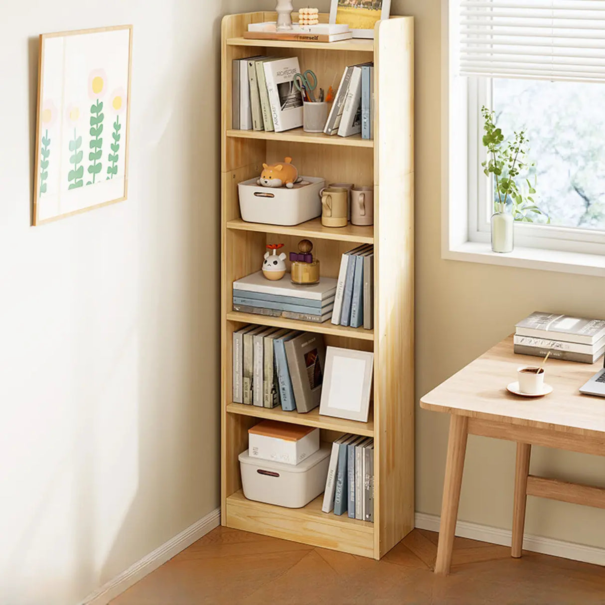 Rustic Natural Finish Vertical Wooden Storage Bookcase Image - 2