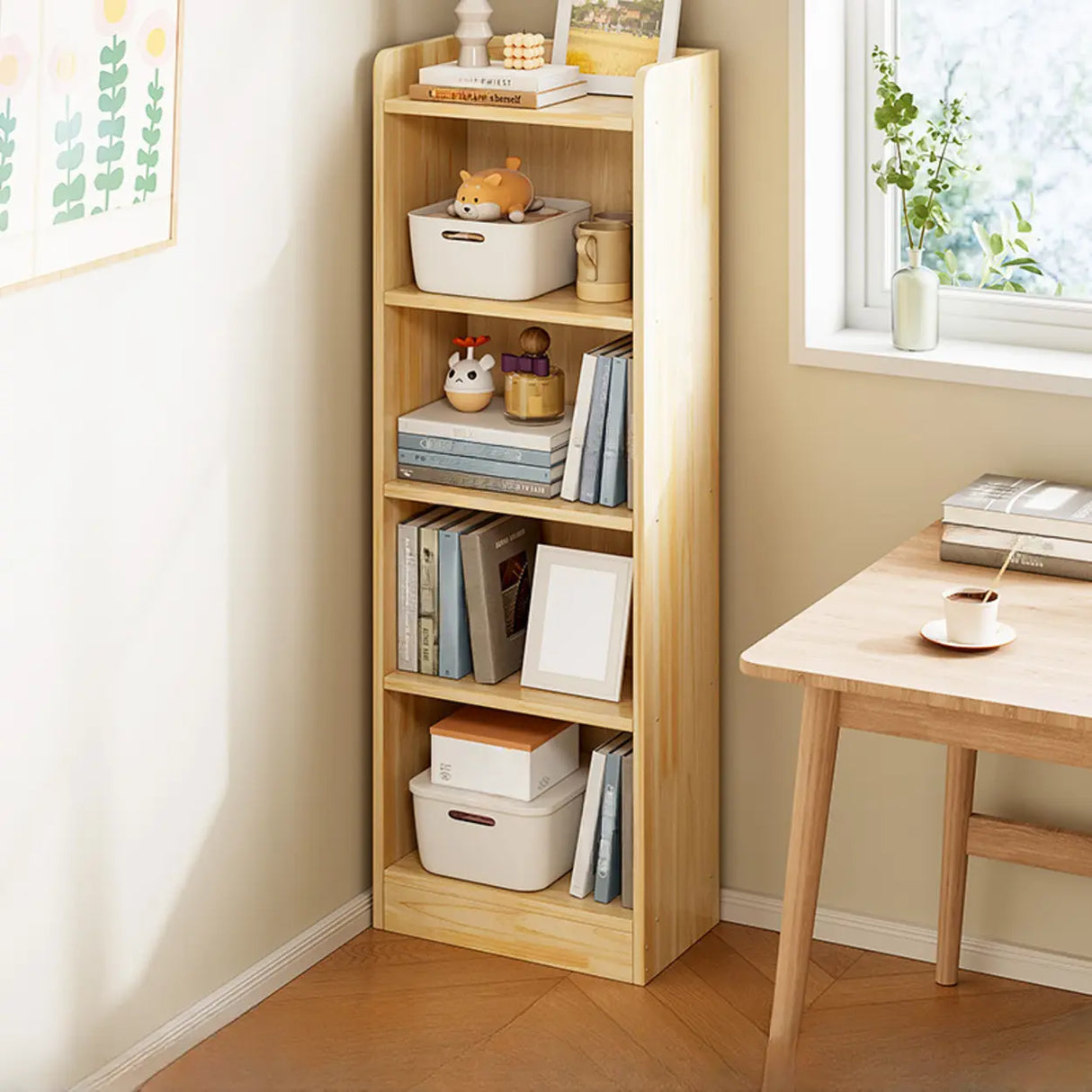 Rustic Natural Finish Vertical Wooden Storage Bookcase Image - 4