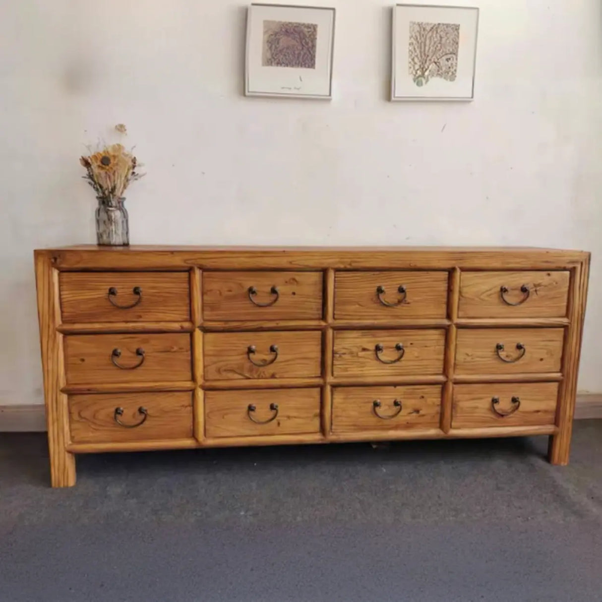 Rustic Natural Finish Wood TV Stand with 9 Drawers Image - 5