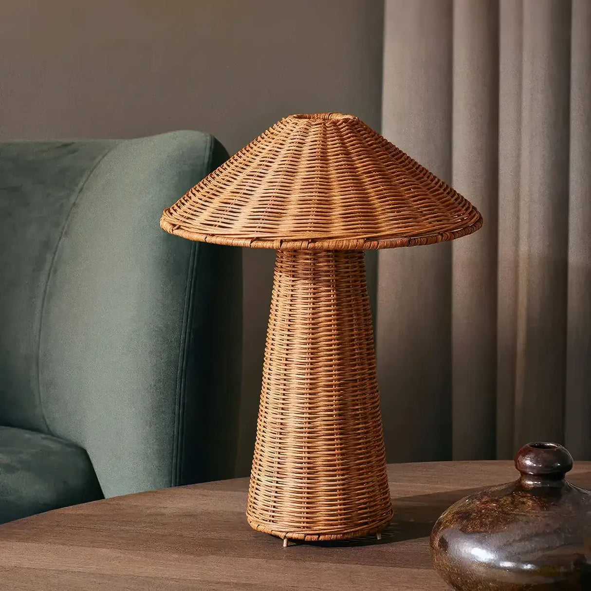 Rustic Natural Rattan Cone Shade Led Table Lamp for Bedroom Image - 1