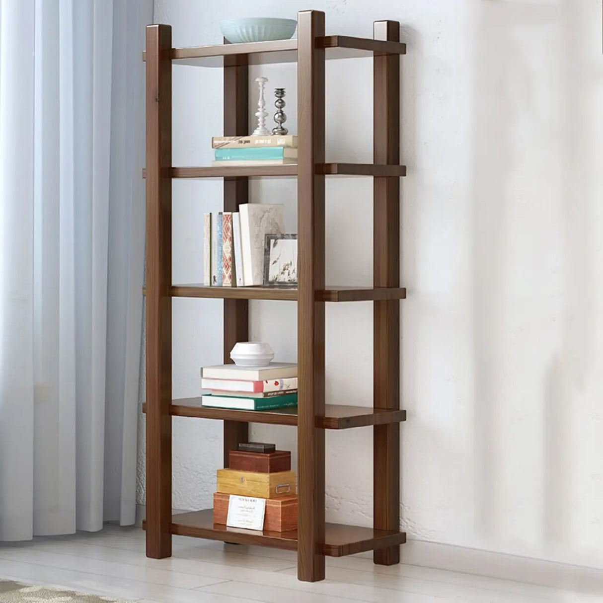 Rustic Open Brown 5-Tiers Wooden Display Bookshelf Image - 1