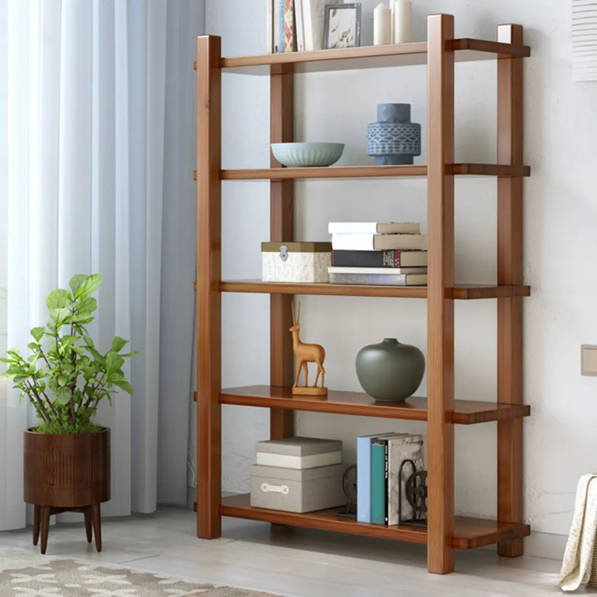 Rustic Open Brown 5-Tiers Wooden Display Bookshelf Image - 10