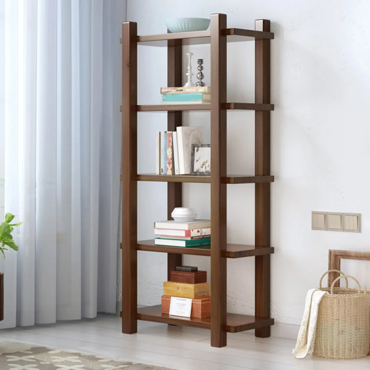 Rustic Open Brown 5-Tiers Wooden Display Bookshelf Image - 7
