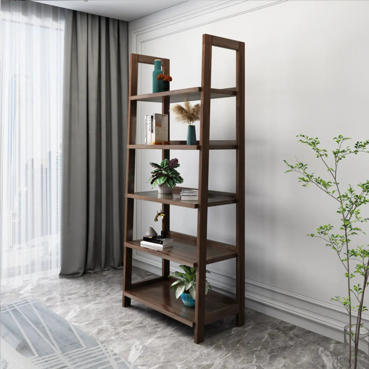 Rustic Open Brown Ladder Wooden Geometric Bookcase Image - 1