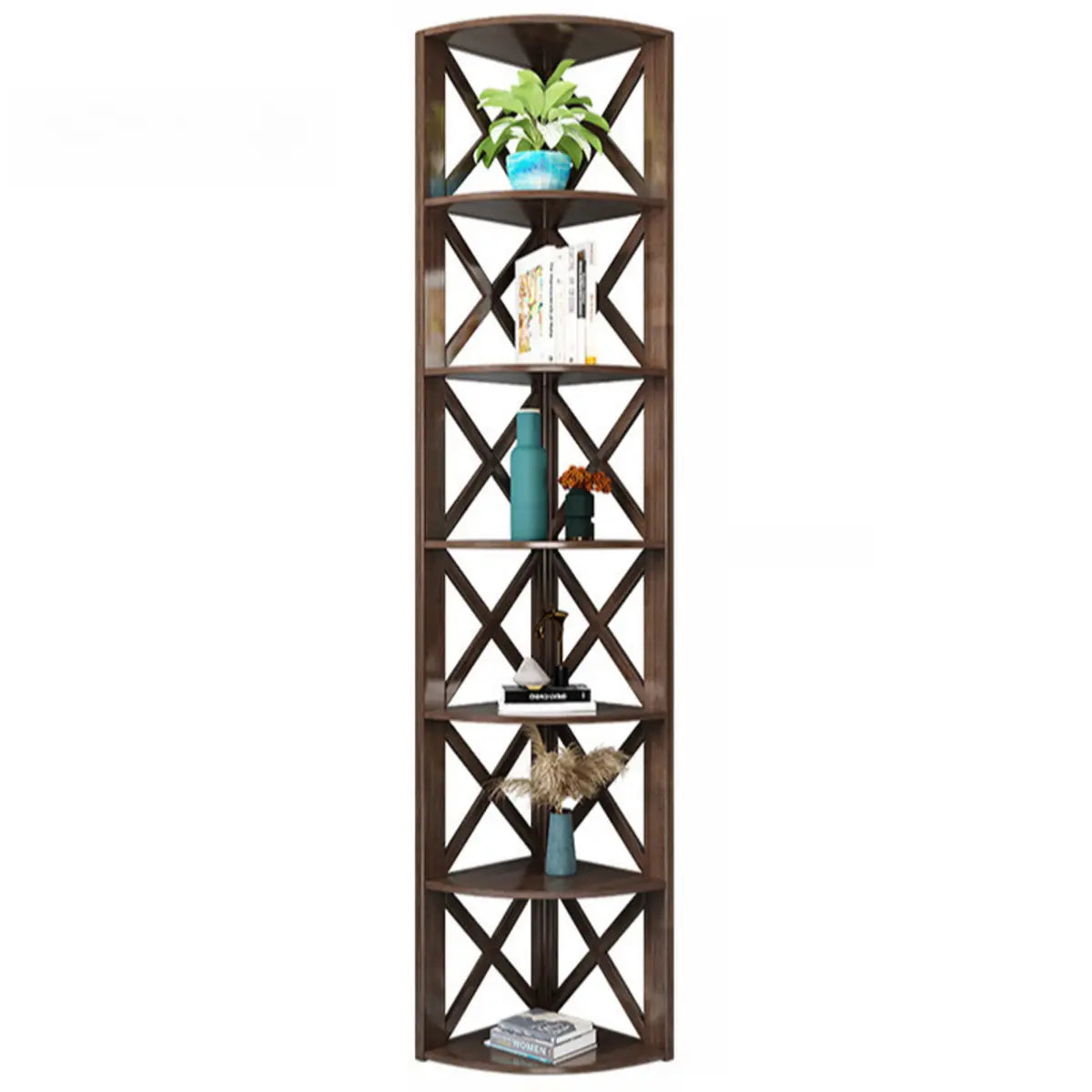 Rustic Open Brown Ladder Wooden Geometric Bookcase Image - 10