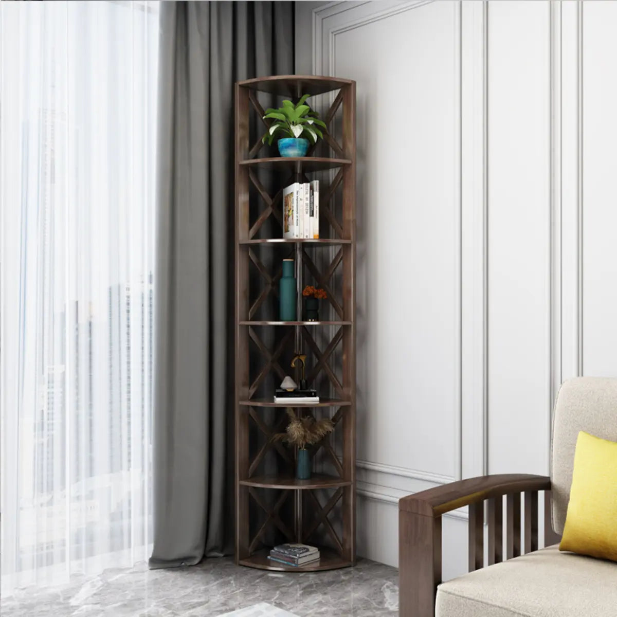 Rustic Open Brown Ladder Wooden Geometric Bookcase Image - 2