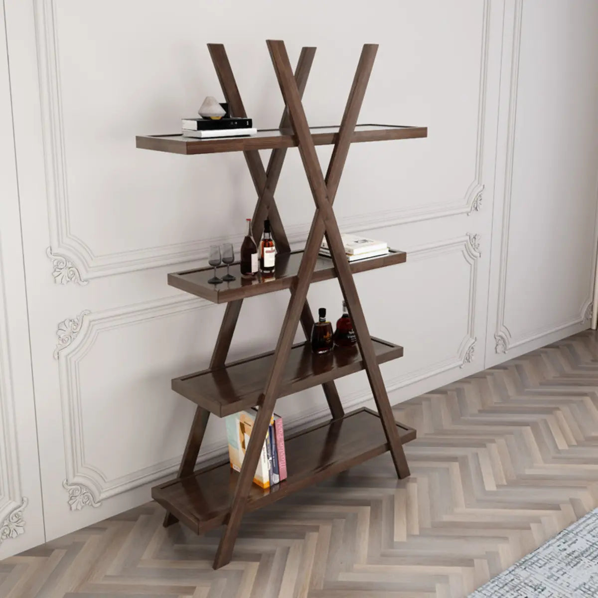 Rustic Open Brown Ladder Wooden Geometric Bookcase Image - 3