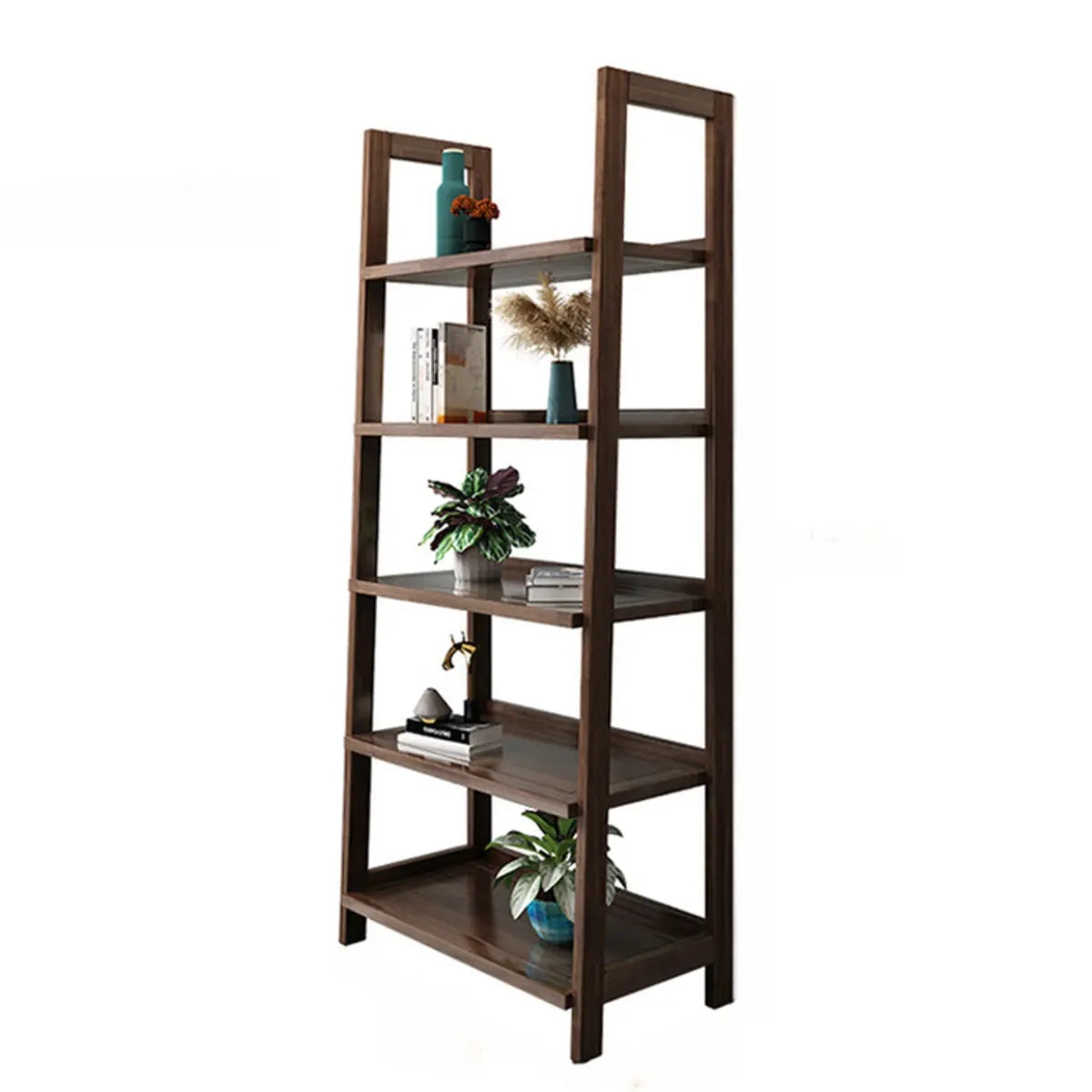Rustic Open Brown Ladder Wooden Geometric Bookcase Image - 5