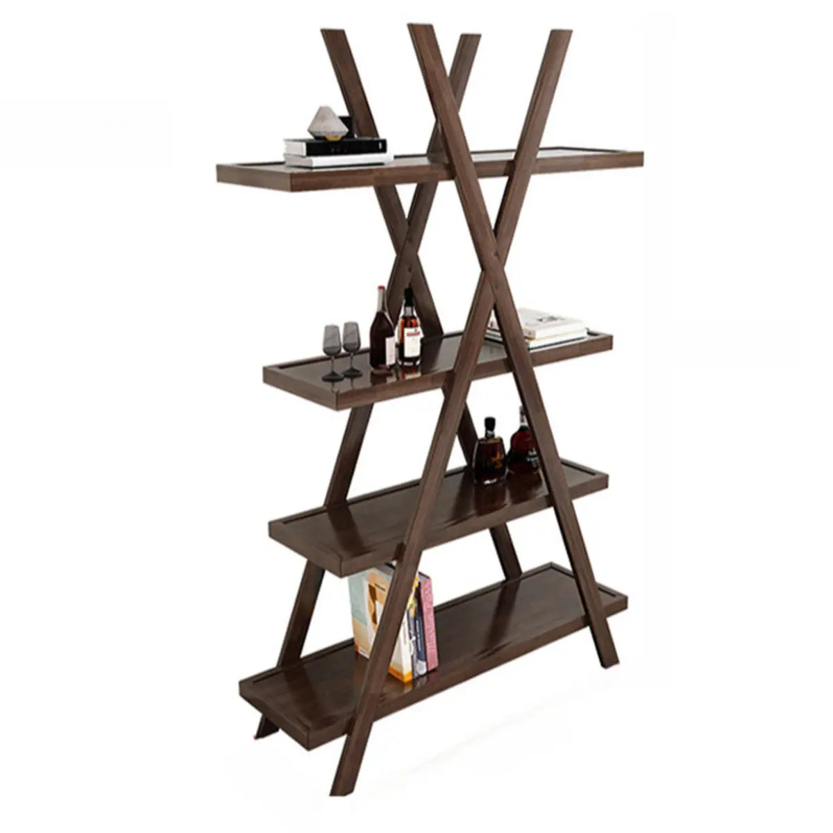 Rustic Open Brown Ladder Wooden Geometric Bookcase Image - 9